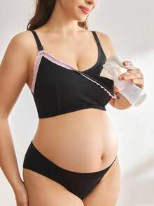 Moonlight&Mama Plus Size Maternity Contrast Lace Comfortable Nursing Bra - Black and White - View 1