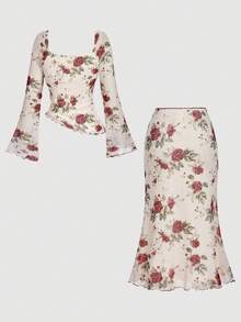 SHEIN MOD 2 件套女士优雅通勤花卉印花喇叭袖上衣和鱼尾裙套装 - 彩色 - 查看 3