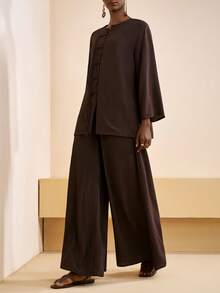 Zivah 2025 Autumn/Winter New Music Festival, Easter, St. Patrick's Day, Western, Nomadic, Birthday Party, Graduation, College Style, Student, Daily Casual, Basic Versatile, Leisure, Cruise Travel, Beach, Suing, Viral, Streetwear, Wedding Guest Boho, Commute, Brunch, Airport, Party, Holiday Outing, Elegant Banquet, New Chinese Style Button-Down Long Sleeve Brown Textured Linen Fabric Kimono-Inspired Shirt And Wide-Leg Pants 2-Piece Set - Brown - View 3