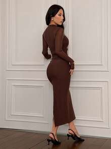 SHEIN PETITE 女士咖啡色长袖休闲连衣裙，适合城市通勤、商务、优雅派对、万圣节、圣诞节 - 棕色 - 查看 2