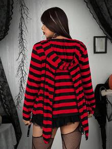 Whyspr Plus Size Punk Y2K Striped Bunny Ear Hooded Zip-Up T-Shirt - Multicolor - View 2