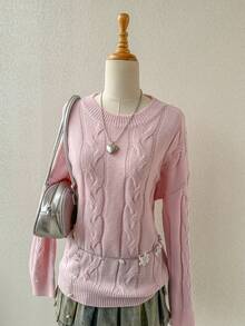 SHEIN Unity 宽松麻花针织套头衫，韩版风，休闲舒适，适合2025初秋新品 - 粉色 - 查看 4