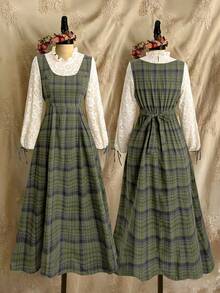 Lyrianda Fall Autumn And Winter Color Block Patchwork Elegant Plaid Minimalist Long Sleeve Dress - Green - View 6