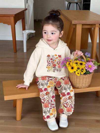 2 件套可爱甜美少女休闲花卉印花柔软针织连帽运动衫和运动裤套装，秋冬花卉图案，舒适时尚休闲装