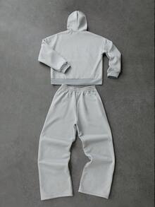 PAVTROS Men's Casual Everyday Commute Embroidered Kangaroo Pocket Half-Zip Drawstring Hooded Fleece Sweatshirt And Sweatpants Set, Autumn/Winter - Grey - View 3