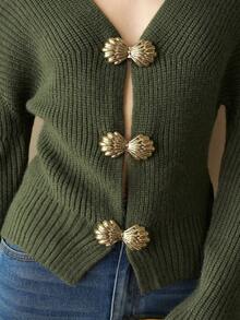 Aveloria 女式合身针织上衣，腰部收紧设计，手工贝壳纽扣装饰，时尚性感，采用摇粒绒面料制成 - 軍綠色 - 查看 7