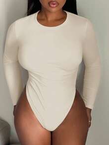 Alexandranx Solid Round Neck Slim Fit Tee Spring Women Bodysuit ,Petite Women - Apricot - View 6