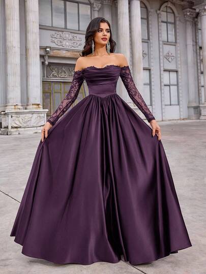 Aureia فستان ماكسي أنيق فاخر أسود بأكمام قصيرة شفافة بتطريز دانتيل وطيات من الساتان، مناسب للأعراس والحفلات والعطلات والسهرات الرسمية (مزخرف بشكل كبير)، مناسب لعيد الحب