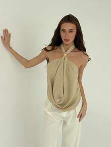 Aloruh 女士性感纯色露背吊带上衣，夏秋季，适合所有年龄段，尺码齐全，适合秋季穿着，露肩米色吊带上衣，配金属装饰扣，适合新年夜穿着。 - 灰色 - 查看 7