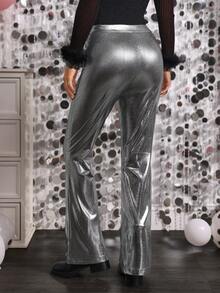 LanaWest Women's Black High Waist Flare Pants With Shiny Silver Triangle Sequins, Suitable For Party And Leisure - Black - View 2