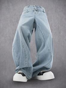 Manfinity Denimwave 男士休闲街头水洗双层腰带宽松牛仔裤 - 淺色水洗藍 - 查看 1