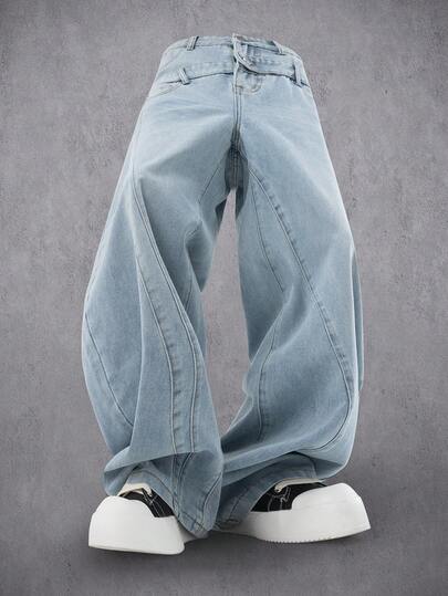 Manfinity Denimwave Men's Light Wash Denim Wide Leg Jeans Long Vintage Loose Fit Trousers Casual Pants OVERSIZE Vintage Washed Blue Vacation Urban Distressed Jeans For