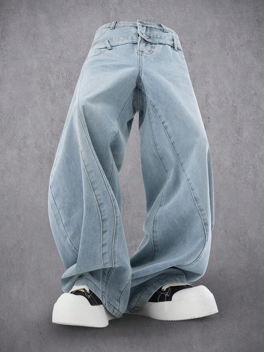 Manfinity Denimwave 男士休闲街头水洗双层腰带宽松牛仔裤 - 淺色水洗藍 - 查看 1