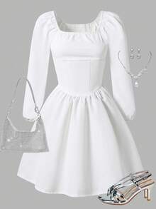 Váy vải dệt kiểu công chúa Pháp thanh lịch dành cho bé gái tuổi teen, dáng ôm vừa vặn với tay nghề xếp ly đặc biệt ở lưng, thoải mái cho mùa xuân, mùa hè, mùa thu, thích hợp mặc hàng ngày, đi làm, đi chơi, tiệc tùng, đám cưới - trắng - Xem 1