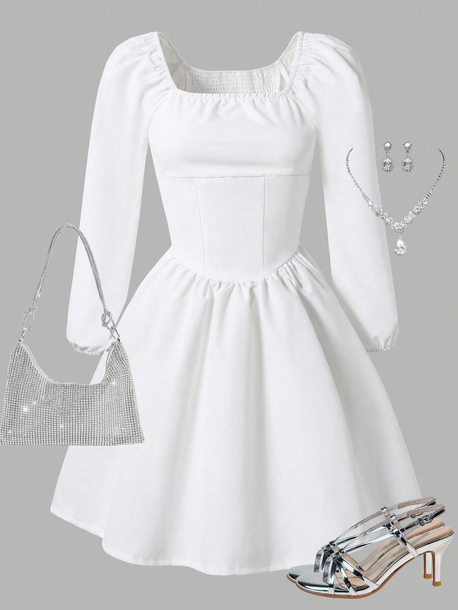 Váy vải dệt kiểu công chúa Pháp thanh lịch dành cho bé gái tuổi teen, dáng ôm vừa vặn với tay nghề xếp ly đặc biệt ở lưng, thoải mái cho mùa xuân, mùa hè, mùa thu, thích hợp mặc hàng ngày, đi làm, đi chơi, tiệc tùng, đám cưới - trắng - Xem 1