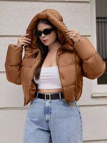 EURMUSE Plus Women's Short Padded Hooded Jacket - Coklat - View 4