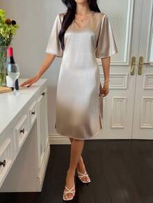 DAZY Elegantes, charmantes einfarbiges Satin-V-Ausschnitt Damen Nachthemd, Winter - Khaki - Übersicht 6