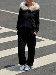 SHEIN EZwear 2 件女式秋冬休闲毛绒加厚毛领连帽衫和运动裤套装万圣节服装女式圣诞服装哥特式女装 - 黑色 - 查看 4