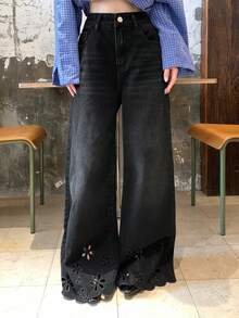 DAZY Women's Casual Distressed Floral Hollow-Out Denim Jeans - Black - View 2