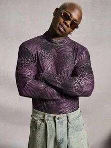 PAVTROS 男士数码网眼豹纹亮片装饰高领长袖T恤，休闲街头风 - 彩色 - 查看 1