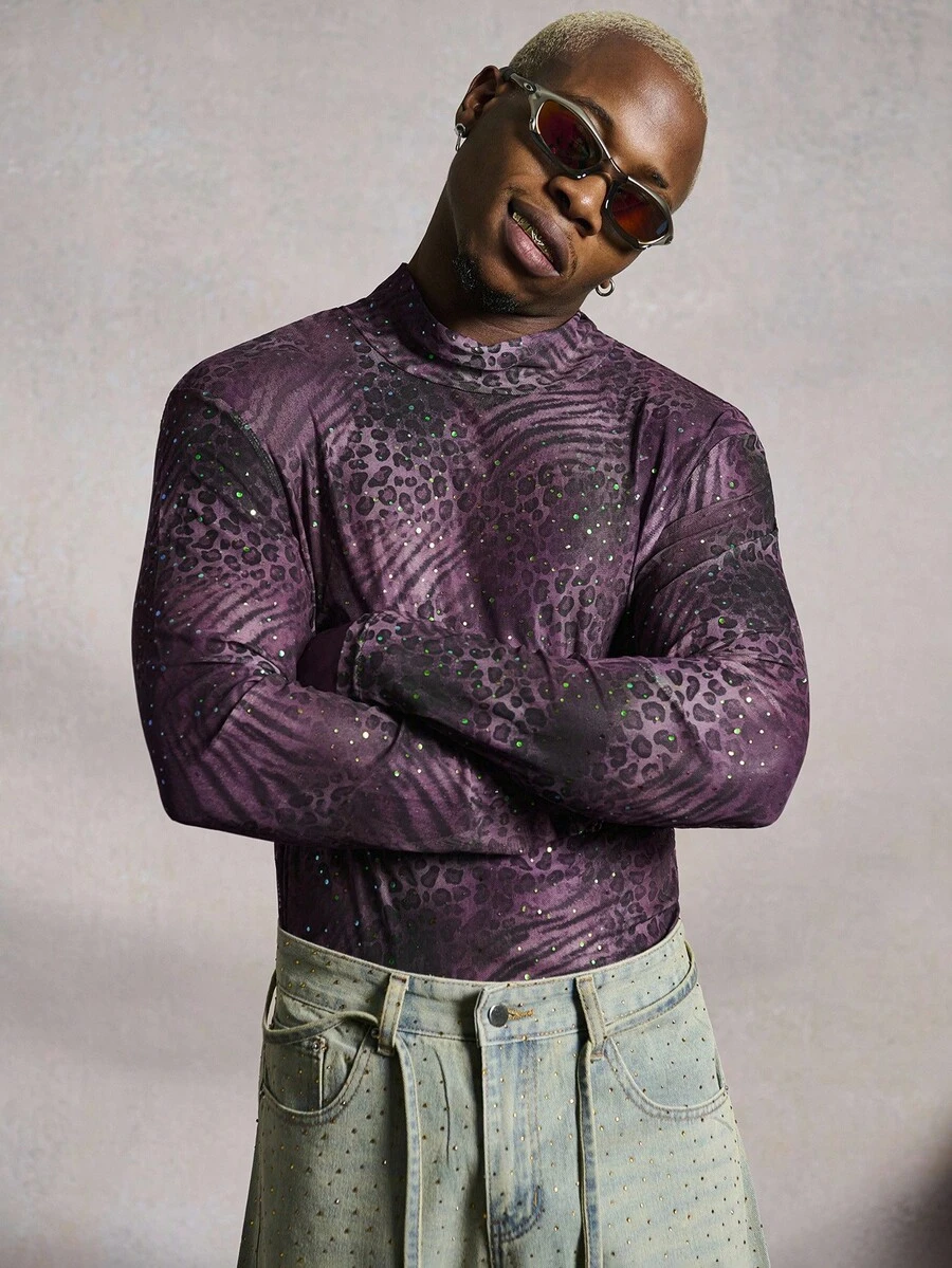 PAVTROS 男士数码网眼豹纹亮片装饰高领长袖T恤，休闲街头风 - 彩色 - 查看 1