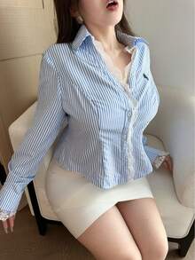 Flirla Early Spring Casual Striped Embroidered Horse Lace Ruffle Waist Women Shirt