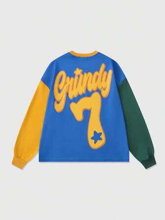 Street Life Sweat-shirt-shirt col rond à manches longues avec imprimé lettres et blocs de couleurs pour hommes