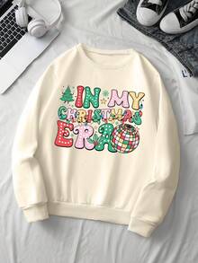 EMERY ROSE 女士户外上衣、秋季上衣、秋冬装、图案设计、圣诞图案、圣诞氛围、圣诞树和字母、户外服装、假日服装、街头摄影、约会服装、返校季、杏色、女士卫衣 - 杏色 - 查看 4