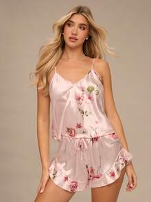 Enchnt 5pcs Women's Floral Print Faux Silk Pajama Set, Elegant Fall Clothes, Winter Clothes - Pink - View 7