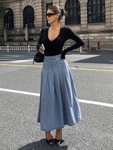 DAZY 女士优雅百褶牛仔裙 - 淺色水洗藍 - 查看 6