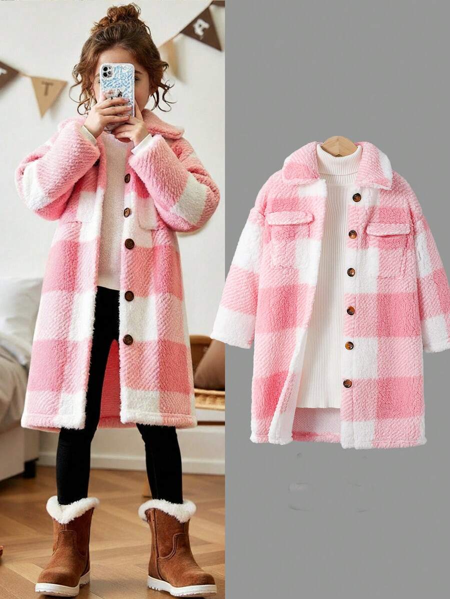 SHEIN Áo khoác len kẻ caro mềm mại, dáng rộng thoải mái cho bé gái, ấm áp và thoải mái, thời trang ấm áp, thích hợp mặc thường ngày, áo khoác lông cừu dài tay cổ ve áo dài vừa phải cho mùa đông, cho lễ Halloween. Mùa tựu trường, bộ đồ đôi mẹ, chị gái và tôi - màu đen - Xem 1