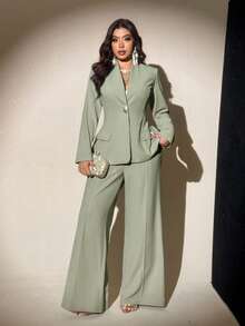 Viva Relle 大码女式优雅设计长袖夹克和直筒裤套装，春秋季