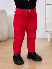 Baby Cute GirlRed Denim Ripped Skinny Jeans,Fall Clothes,Winter Clothing ,Casual And Fashionable Vacation Outfits,Girl Black Denim Jeans,Girl Christmas Jeans,Children's Party Outfits, - Red - View 4
