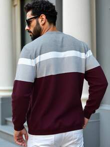 Manfinity Homme Plus Size Men's Colorblock Long Sleeve Sweater For Autumn & Winter - Burgundy - View 2