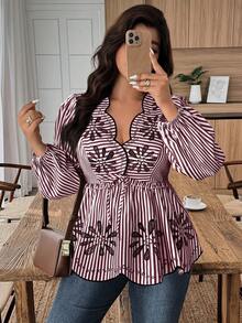 SHEIN LUNE Plus Size Women's Wavy Hem V-Neck Printed Fashion Shirt, Autumn/Winter - Multicolor - View 1