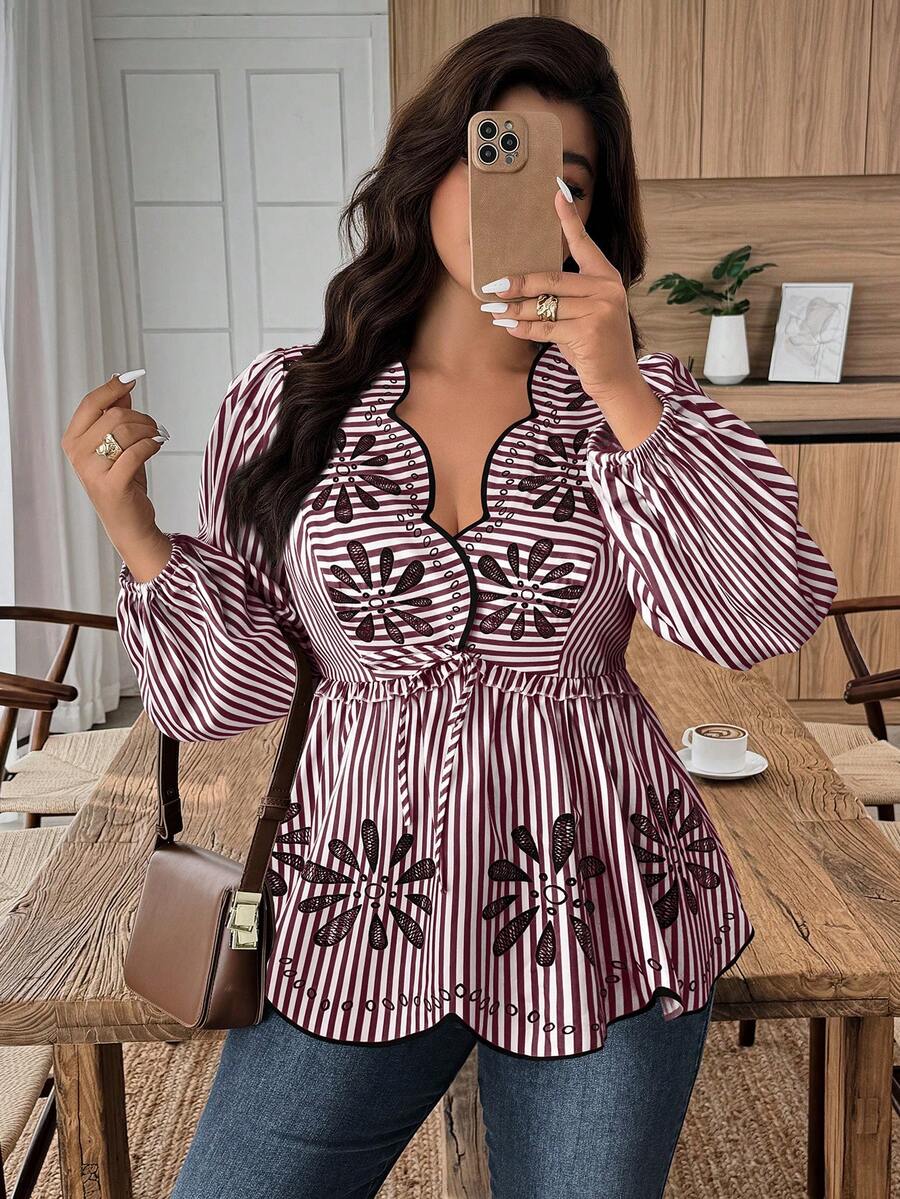 SHEIN LUNE Plus Size Women's Wavy Hem V-Neck Printed Fashion Shirt, Autumn/Winter - Multicolor - View 1