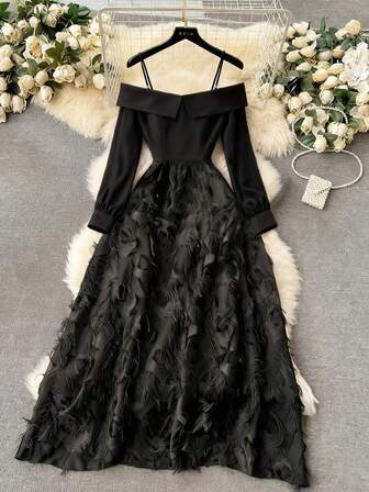 Franclia Women's Elegant Off-Shoulder Mid-Length Long Sleeve Dress, Autumn