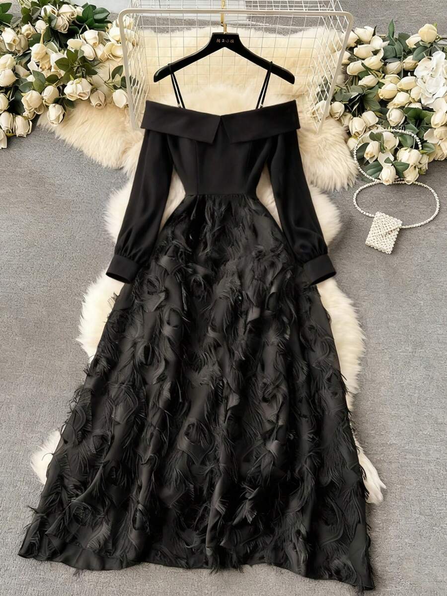 Franclia 女士优雅露肩中长款长袖连衣裙，秋季 - 黑色 - 查看 1