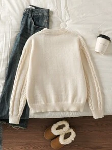 Mädchen Minimalistischer strukturierter modischer süßer Schleife Seitenschlitz Rundhals Grobstrick Langarm Pullover, geeignet für Herbst/Winter