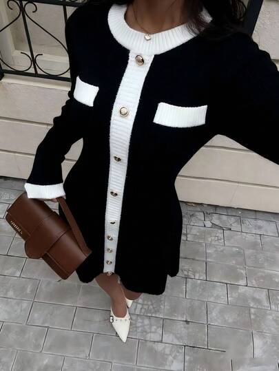 Lumivelle Women's 2025 Autumn/Winter New Fashionable Elegant Contrast Color Button Knitted Dress Black And White Dress Button Up Dress Black And White Outfit Cardigan Dress Black Dress
