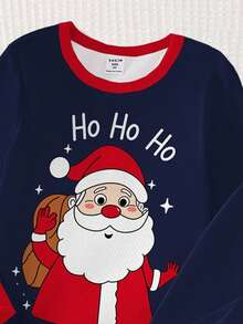SHEIN 2pcs Baby Boys' Christmas Santa Claus Pajama Set,Cute Navy Blue Autumn Family Matching Long Sleeve Top And Stretchy Knit Snug Fit Pants For Toddlers - Multicolor - View 4