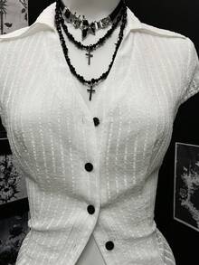 EgrlEra Áo sơ mi nữ tay ngắn dáng suông, cài một hàng khuy, chất liệu voan mỏng, họa tiết sọc, ôm sát. - trắng - Xem 3