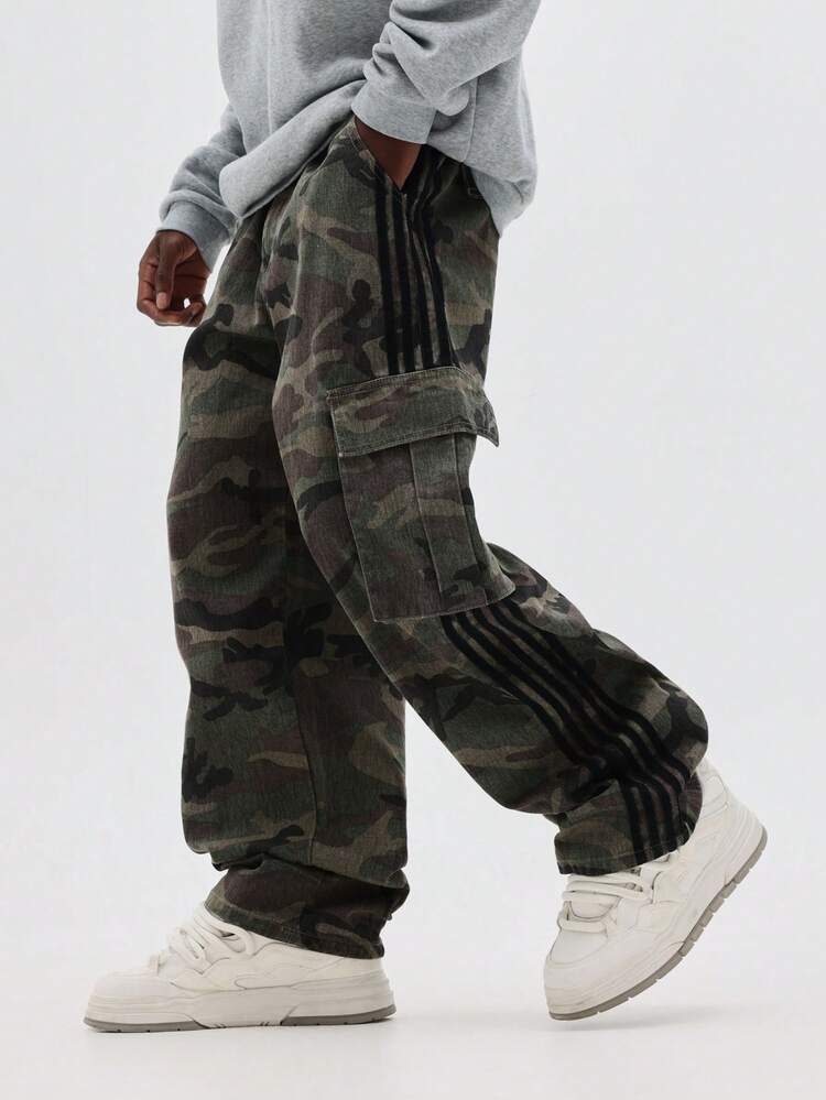 Camo Wide Leg Cargo Pants With Side Stripes