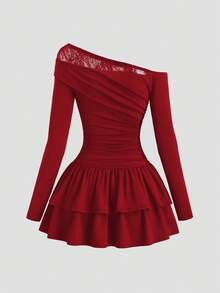 Sweetra New Fashion Lace Patchwork Oblique Shoulder Elegant Commuting Daily Wear Cinched Waist Ruffle Hem Mini Dress For Women - Rose Red - View 2