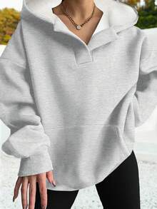 SHEIN EZwear 女士休闲简约浅灰色印花宽松长袖卫衣，带口袋，适合秋冬季穿着 - 淺灰色 - 查看 4