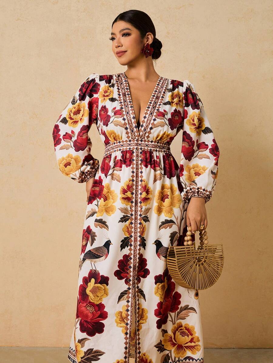 Travachic 大码女式黑红花卉印花长裙，V领长袖长裙，秋季连衣裙 - 彩色 - 查看 1