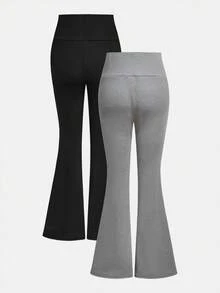 2 piezas Conjunto de pantalones acampanados con forro térmico acanalado informal para niña preadolescente, adecuado para Año Nuevo, uso diario, celebraciones, otoño e invierno para mayor comodidad, capas de otoño e invierno, con estilo - Multicolor - Ver 2