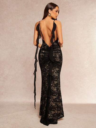 Silquee Vestido ajustado con cuello en V sin mangas y ribete de volantes para mujer