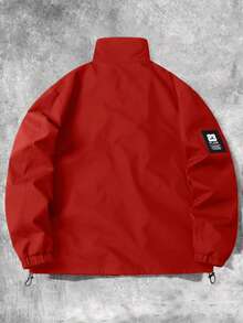 Manfinity Campus Court 男士休闲百搭运动立领长袖夹克，大图案印花，情侣款，大口袋设计，秋冬款 - 紅色 - 查看 2