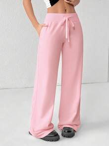 SHEIN PETITE 舒适休闲纯色针织低腰阔腿女式运动裤 - 粉色 - 查看 6